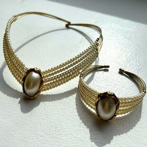 Vintage 70 cleopatra choker necklace Victorian faux pearl wire choker & bracelet